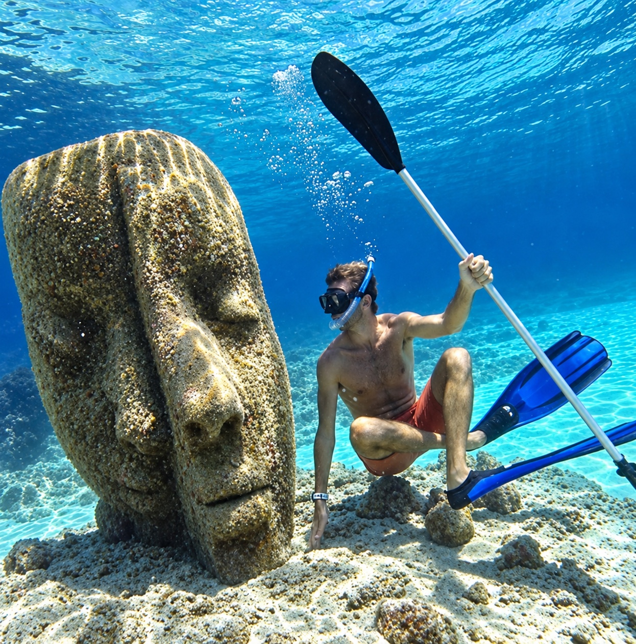 Découverte des sculptures de l’écomusée sous-marin avec un masque et un tuba