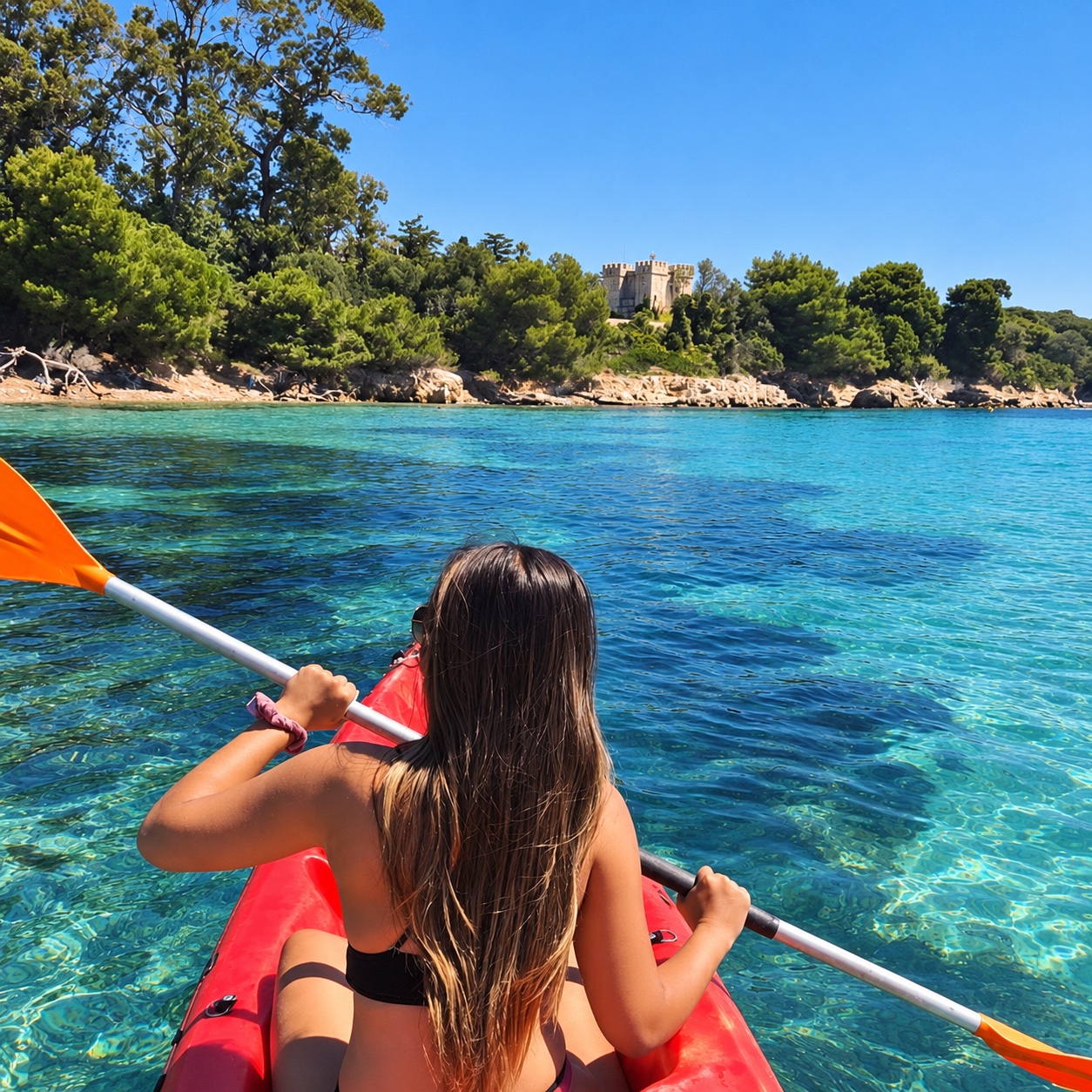 Une personne en kayak sur une eau turquoise au bord d’une île boisée