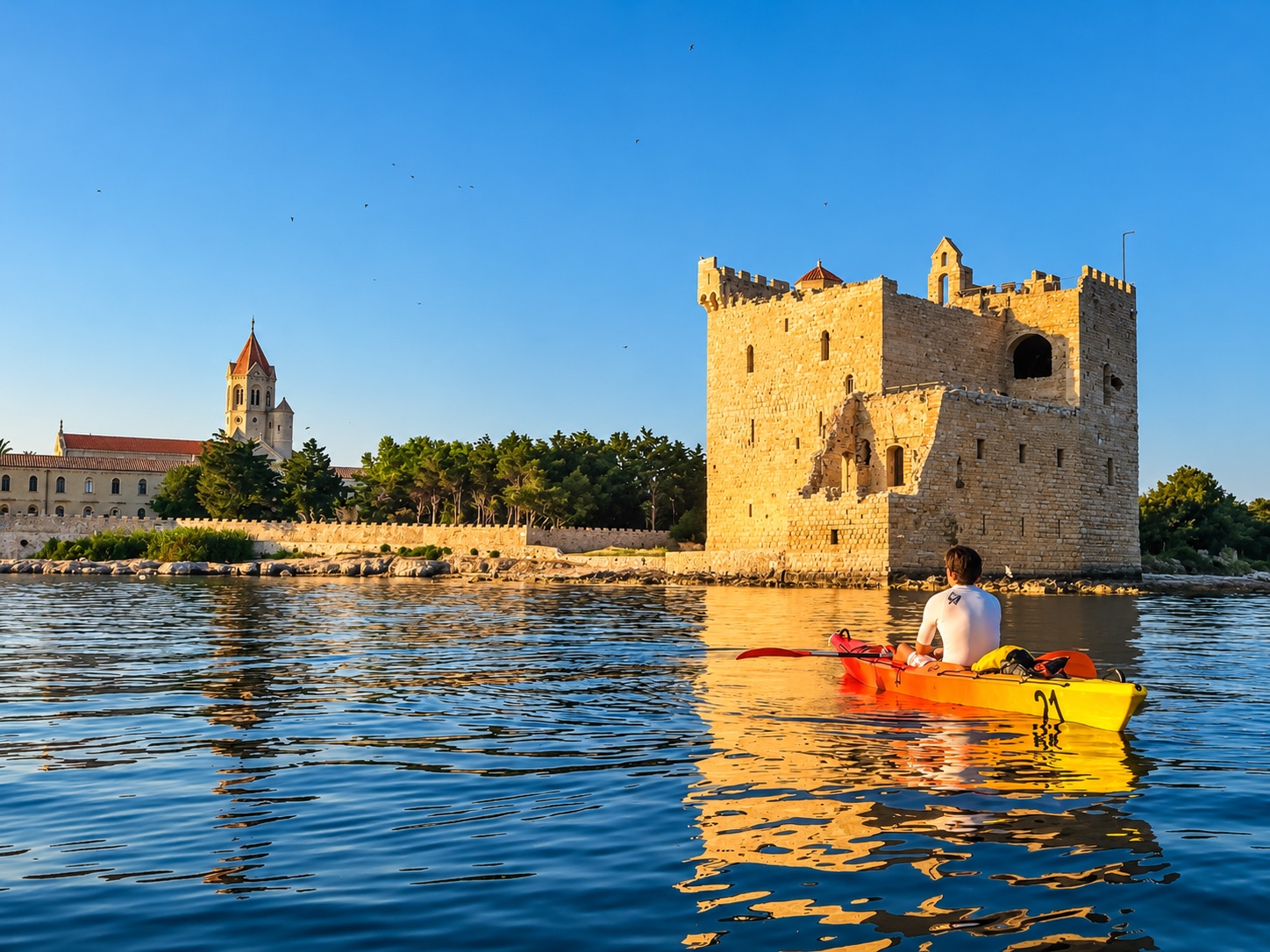 Kayak devant la tour-monastère de Saint-Honorat aux îles de Lérins